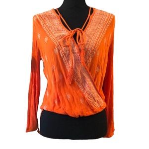 LULUS BALLET WRAP STYLE EMBROIDERED BLOUSE TANGERINE SIZE SMALL